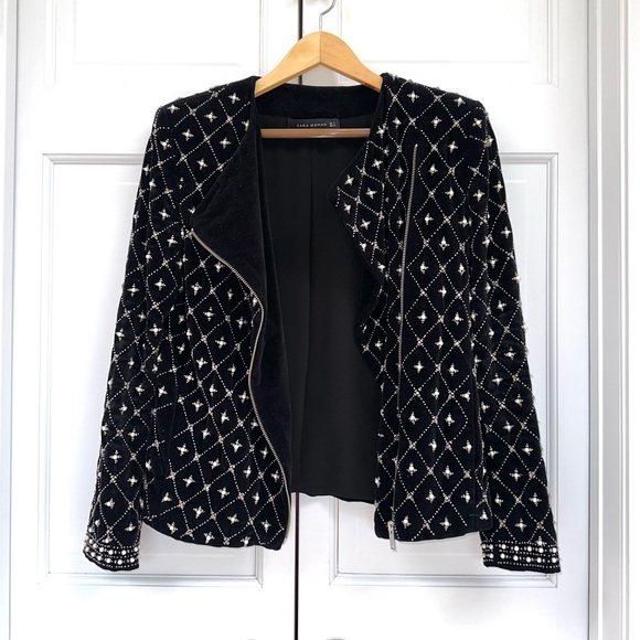 Zara Pearl and Rhinestone Velvet Encrusted Jacket - Picture 10 of 16